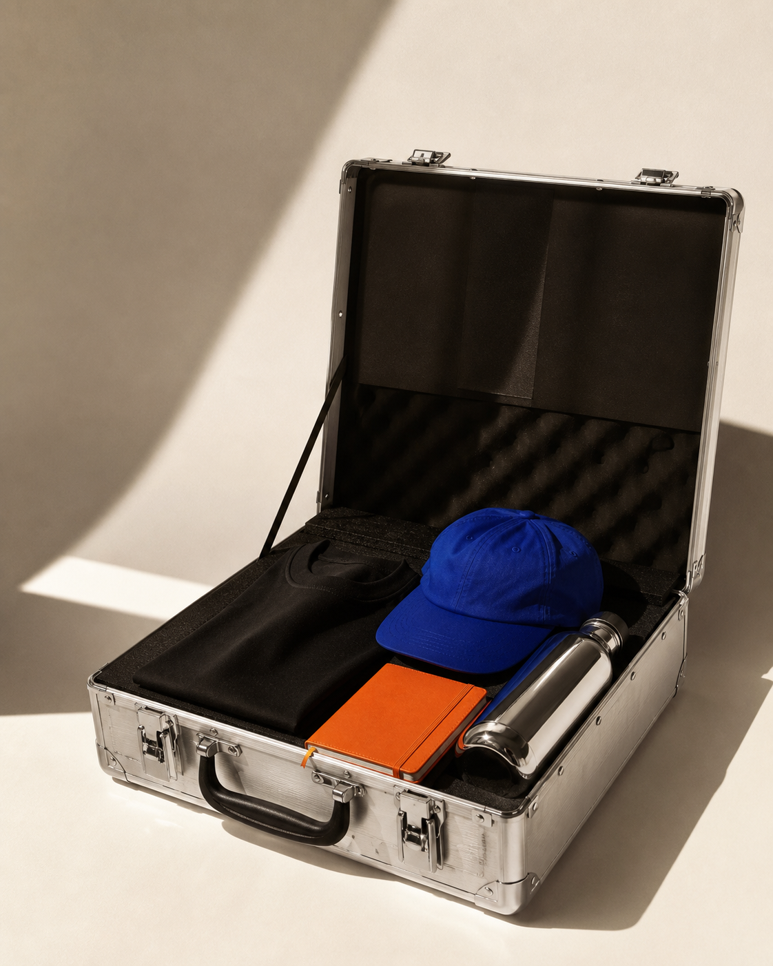 An aluminium case containing an unbranded black tee, blue cap, orange notebook and steel bottle.