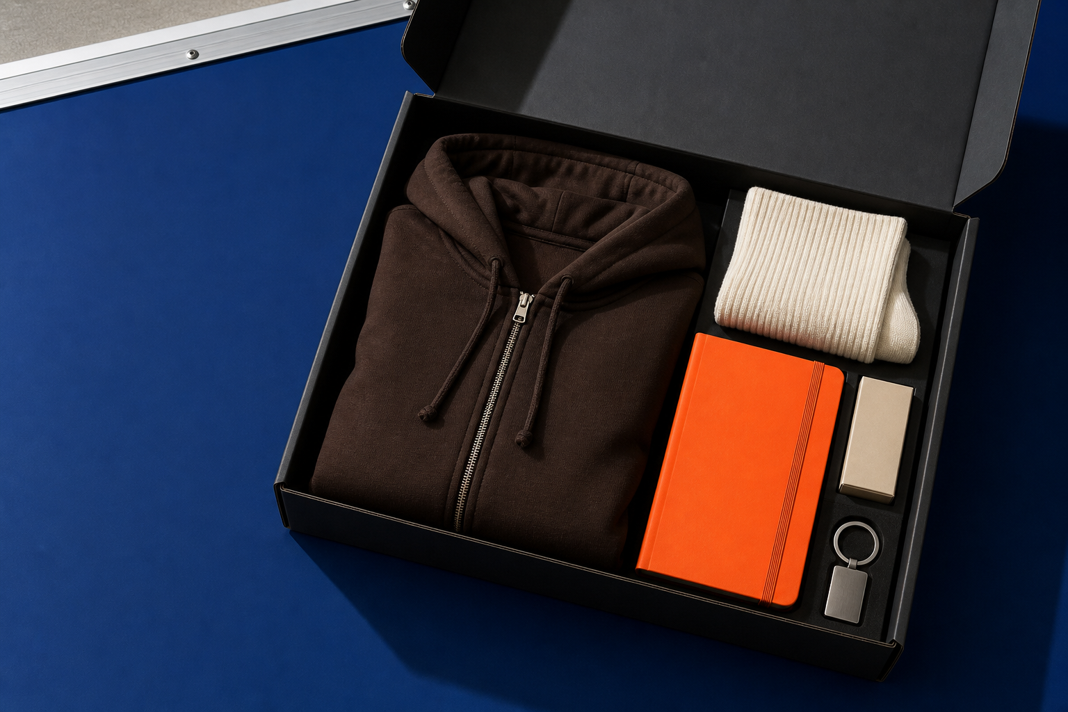A complete welcome kit in a black mailer box.
